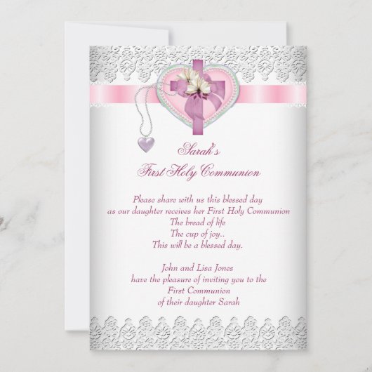 第1聖餐式1回十字女の子ホワイトピンク 招待状 (正面)