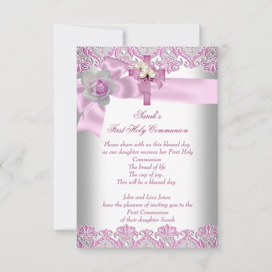 第1聖餐式1回十字女の子ホワイトピンク 招待状 (正面)