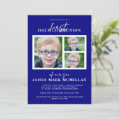 第1聖餐式3 – 写真コラージュ少年ネイビーブルー 招待状 (スタンド正面)