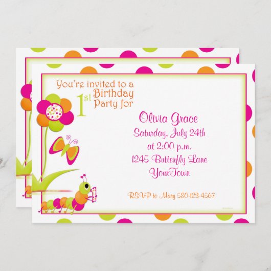 第1蝶を持つ誕生日のパーティの招待状 招待状 (正面/裏面)