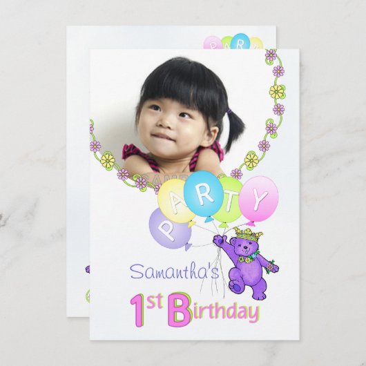 第1誕生会の写真を持つ紫色のプリンセスくま 招待状 (正面/裏面)