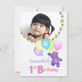 第1誕生会の写真を持つ紫色のプリンセスくま 招待状 (正面)