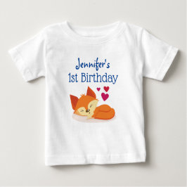 第1誕生日かわいいオレンジキツネとハート ベビーTシャツ