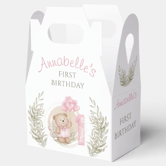 第1誕生日かわいいテディベアハートバルーンピンク フェイバーボックス (オープン)