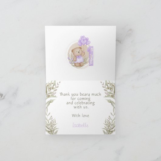 第1誕生日かわいいテディベアハートバルーン サンキューカード (内部)