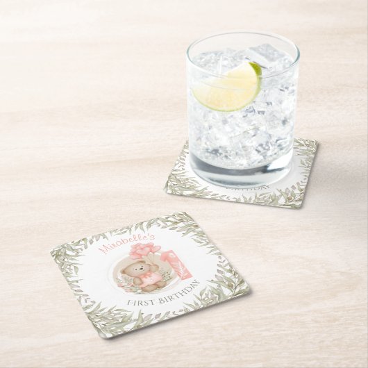 第1誕生日かわいいテディベアハートバルーン スクエアペーパーコースター (インサイチュ)