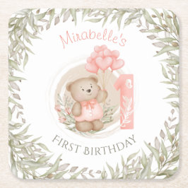 第1誕生日かわいいテディベアハートバルーン スクエアペーパーコースター
