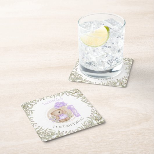 第1誕生日かわいいテディベアハートバルーン スクエアペーパーコースター (インサイチュ)