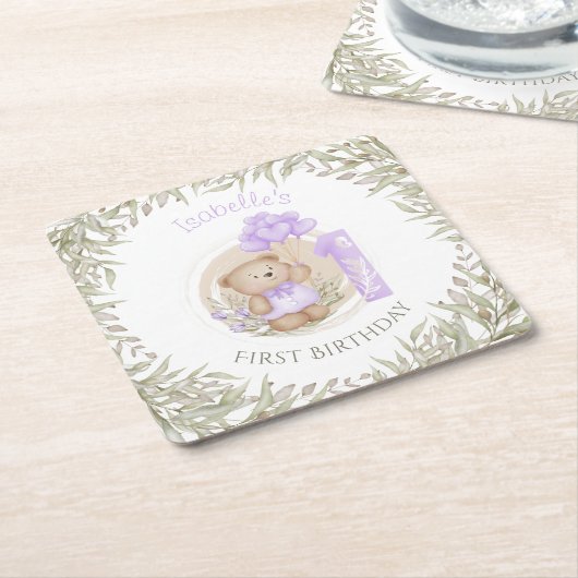 第1誕生日かわいいテディベアハートバルーン スクエアペーパーコースター (アングル)