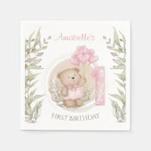 第1誕生日かわいいテディベアハートバルーン スタンダードカクテルナプキン (正面)