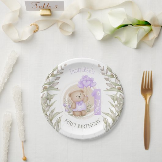 第1誕生日かわいいテディベアハートバルーン ペーパープレート (ウェディング)