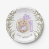 第1誕生日かわいいテディベアハートバルーン ペーパープレート (正面)