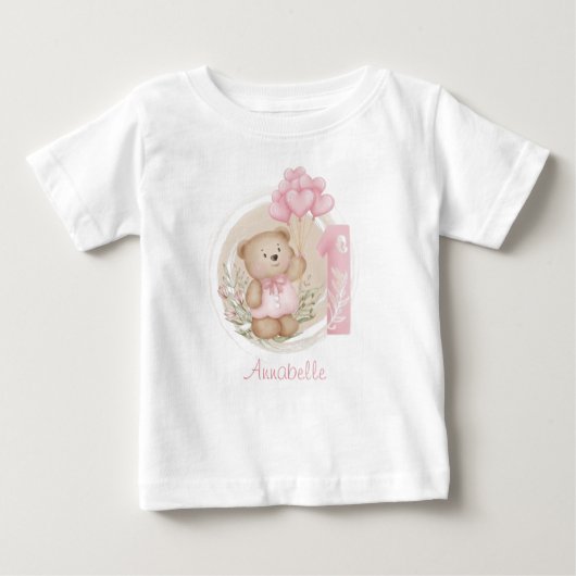 第1誕生日かわいいテディベア&ハートバルーン ベビーTシャツ (正面)