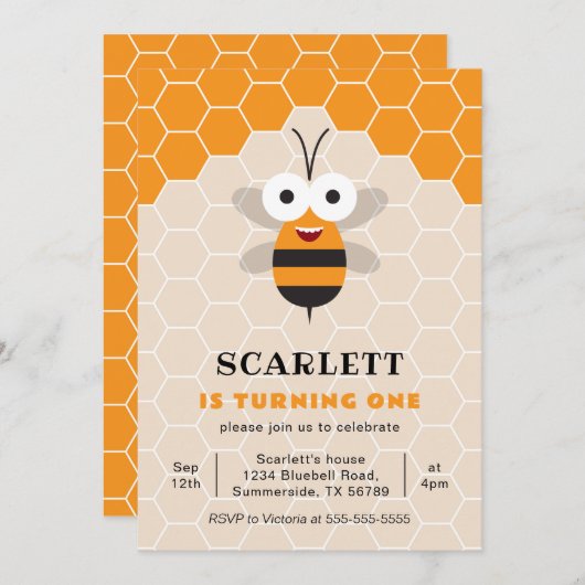 第1誕生日かわいいハニービーハニカム 招待状 (正面/裏面)