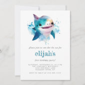 第1誕生日かわいいブルーウォーターカラーシャーク 招待状 (正面)