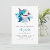 第1誕生日かわいいブルーウォーターカラーシャーク 招待状 (スタンド正面)