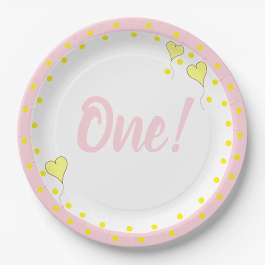 第1誕生日かわいい紙吹雪とハートバルーン ペーパープレート (正面)