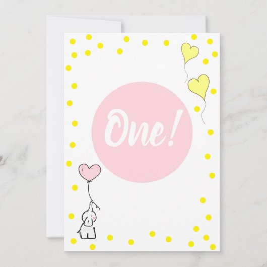 第1誕生日かわいい象とハートバルーン 招待状 (正面)