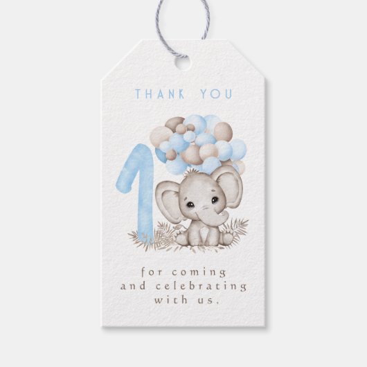 第1誕生日かわいい象インブルーありがとうラベル ギフトタグ (正面)