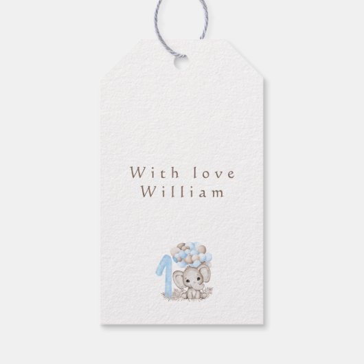 第1誕生日かわいい象インブルーありがとうラベル ギフトタグ (裏面)
