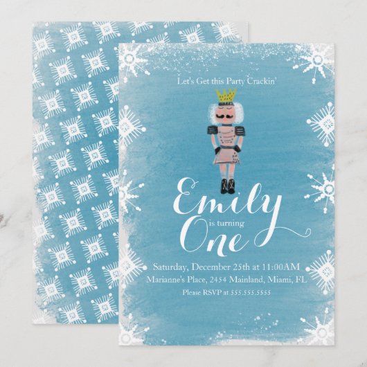 第1誕生日くるみ割り雪片の水色 招待状 (正面/裏面)
