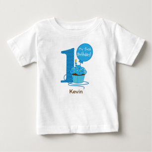第1誕生日のカップケーキの青 ベビーTシャツ