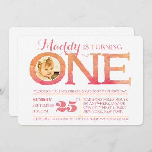 第1誕生日のグラデーションな水彩画1の写真の招待状 招待状 (正面/裏面)