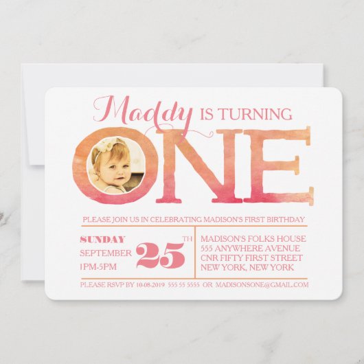 第1誕生日のグラデーションな水彩画1の写真の招待状 招待状 (正面)