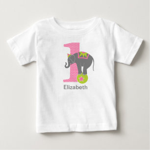 第1誕生日のサーカス象のピンク ベビーTシャツ
