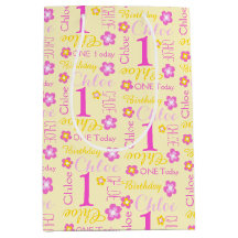 第1誕生日のピンクの黄色い名前をカスタムするのギフトバッグ