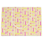 第1誕生日のピンクの黄色い名前をカスタムする ラージペーパーバッグ (正面)