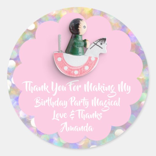 第1誕生日のベビーシャワーピンクの人形の馬 ラウンドシール (正面)