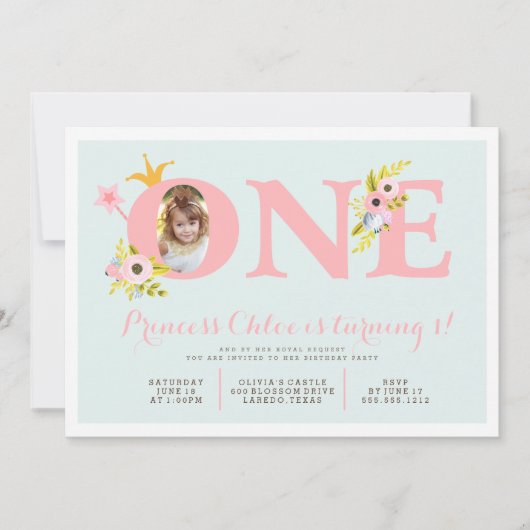 第1誕生日の写真のプリンセスのパーティの招待状 招待状 (正面)
