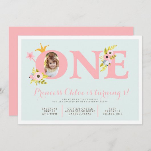 第1誕生日の写真のプリンセスのパーティの招待状 招待状 (正面/裏面)