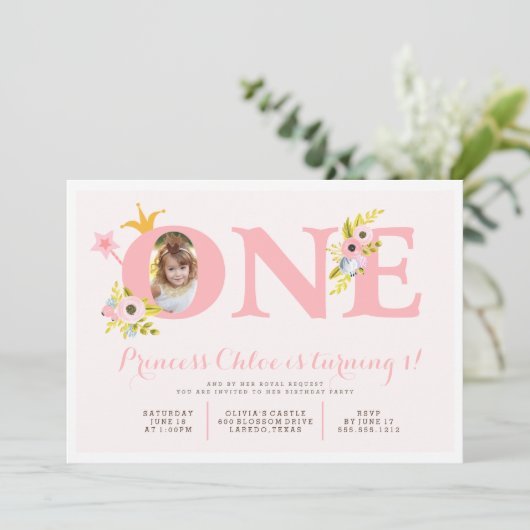 第1誕生日の写真のプリンセスのパーティの招待状 招待状 (スタンド正面)