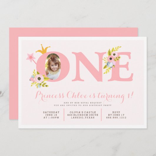 第1誕生日の写真のプリンセスのパーティの招待状 招待状 (正面/裏面)