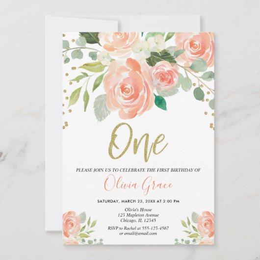 第1誕生日の女の子のモモの珊瑚の花の女の子 招待状 (正面)