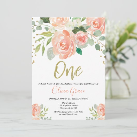 第1誕生日の女の子のモモの珊瑚の花の女の子 招待状 (スタンド正面)