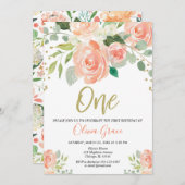 第1誕生日の女の子のモモの珊瑚の花の女の子 招待状 (正面/裏面)