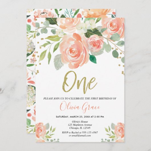 第1誕生日の女の子のモモの珊瑚の花の女の子 招待状 (正面/裏面)