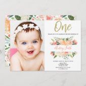 第1誕生日の女の子のモモの金ゴールドのグリッターの花柄の写真 招待状 (正面/裏面)