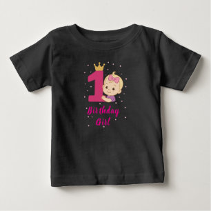 第1誕生日の女の子(王冠とピンクのナンバーワン) ベビーTシャツ