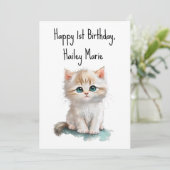 第1誕生日の子猫（青い目） パーソナライズされた カード (スタンド正面)