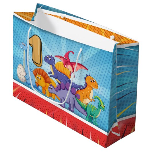 第1誕生日の恐竜のパーティー ラージペーパーバッグ (正面アングル)