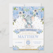 第1誕生日の招待状の男の子かわいい象の青 招待状 (正面)