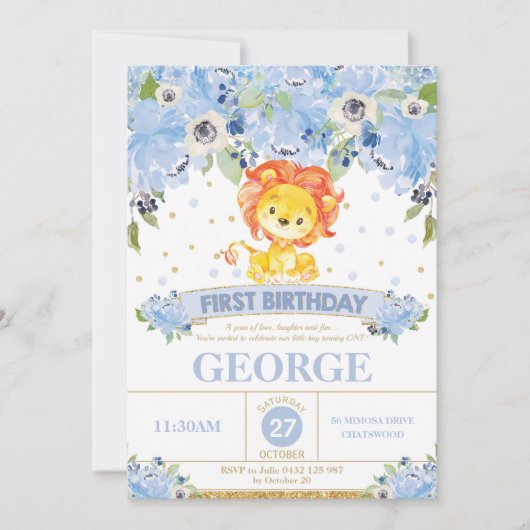 第1誕生日の招待状の男の子のライオンの青の花柄 招待状 (正面)