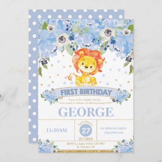 第1誕生日の招待状の男の子のライオンの青の花柄 招待状 (正面/裏面)