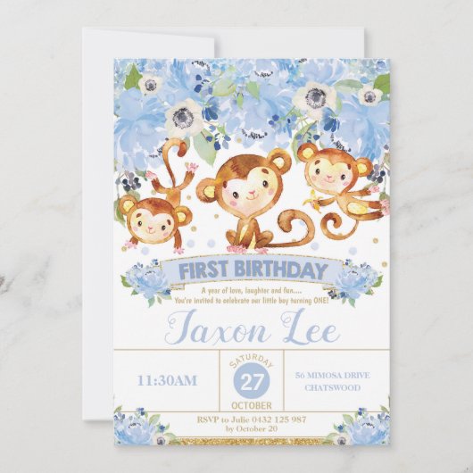 第1誕生日の招待状の男の子の青の花柄をまねて下さい 招待状 (正面)