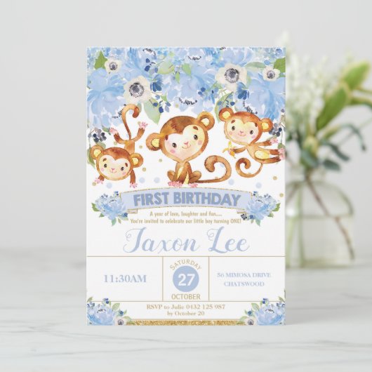 第1誕生日の招待状の男の子の青の花柄をまねて下さい 招待状 (スタンド正面)