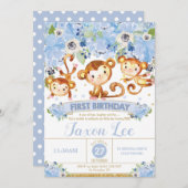 第1誕生日の招待状の男の子の青の花柄をまねて下さい 招待状 (正面/裏面)